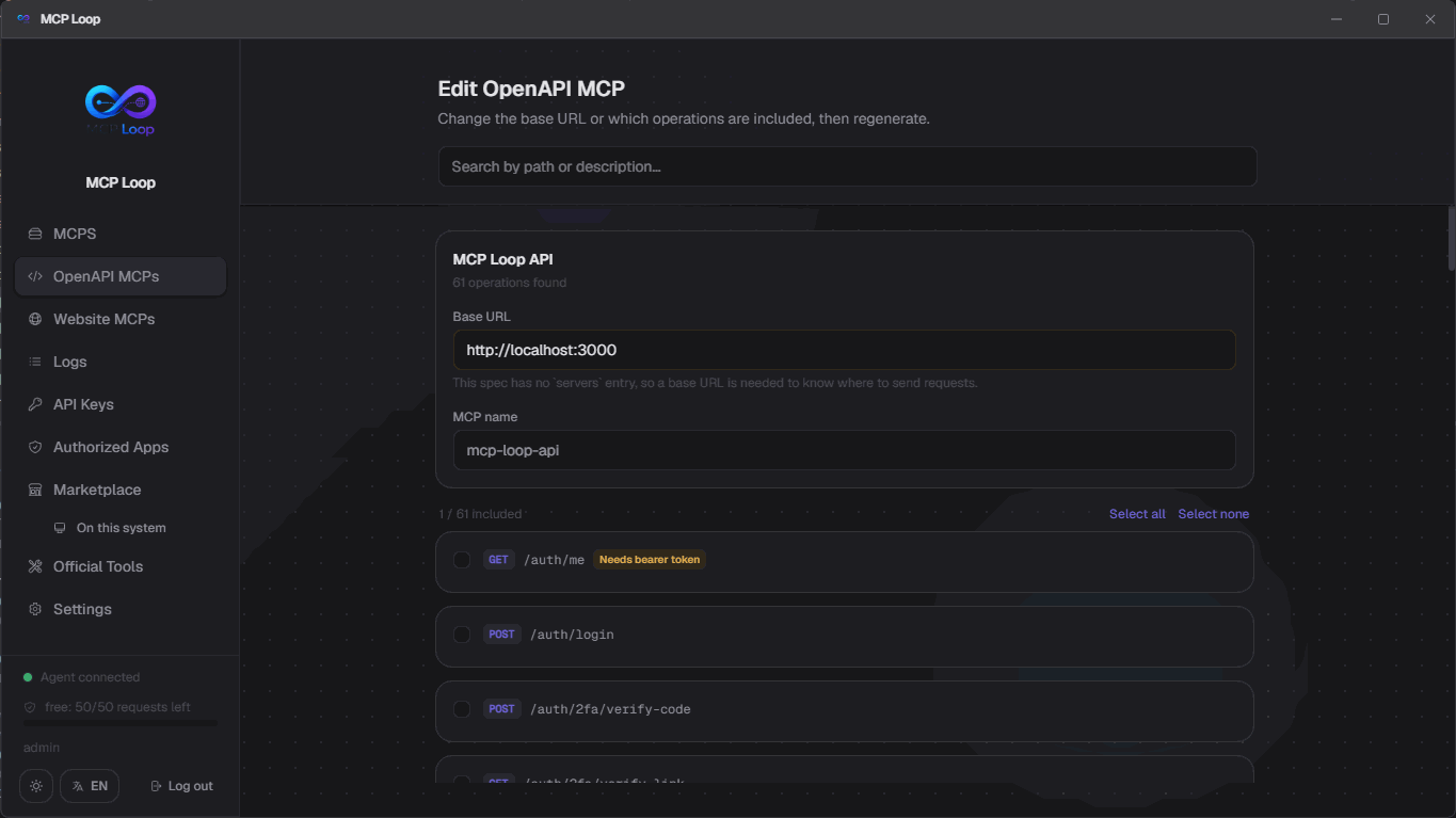 Editing an OpenAPI MCP, dark